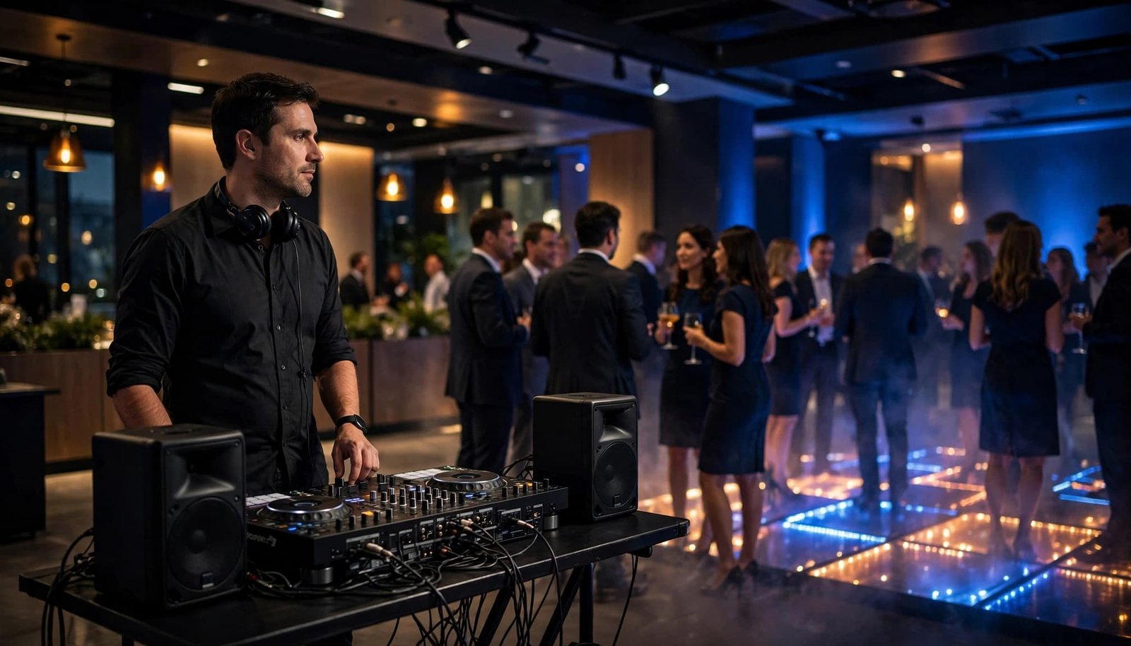 A DJ operates a mixer beside a glowing dance area at a corporate event.