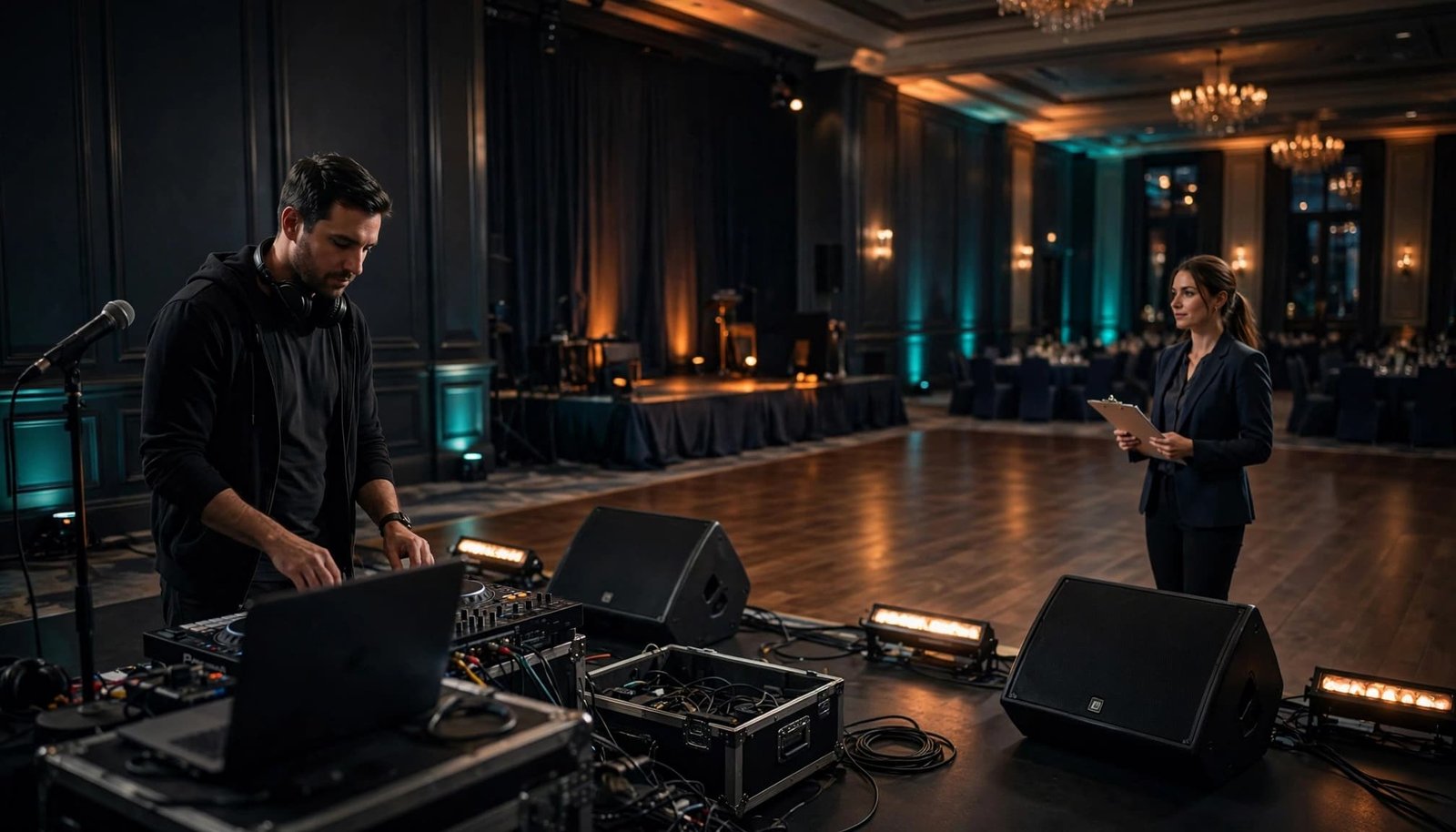 A DJ prepares event equipment while a planner checks a clipboard in an empty ballroom.