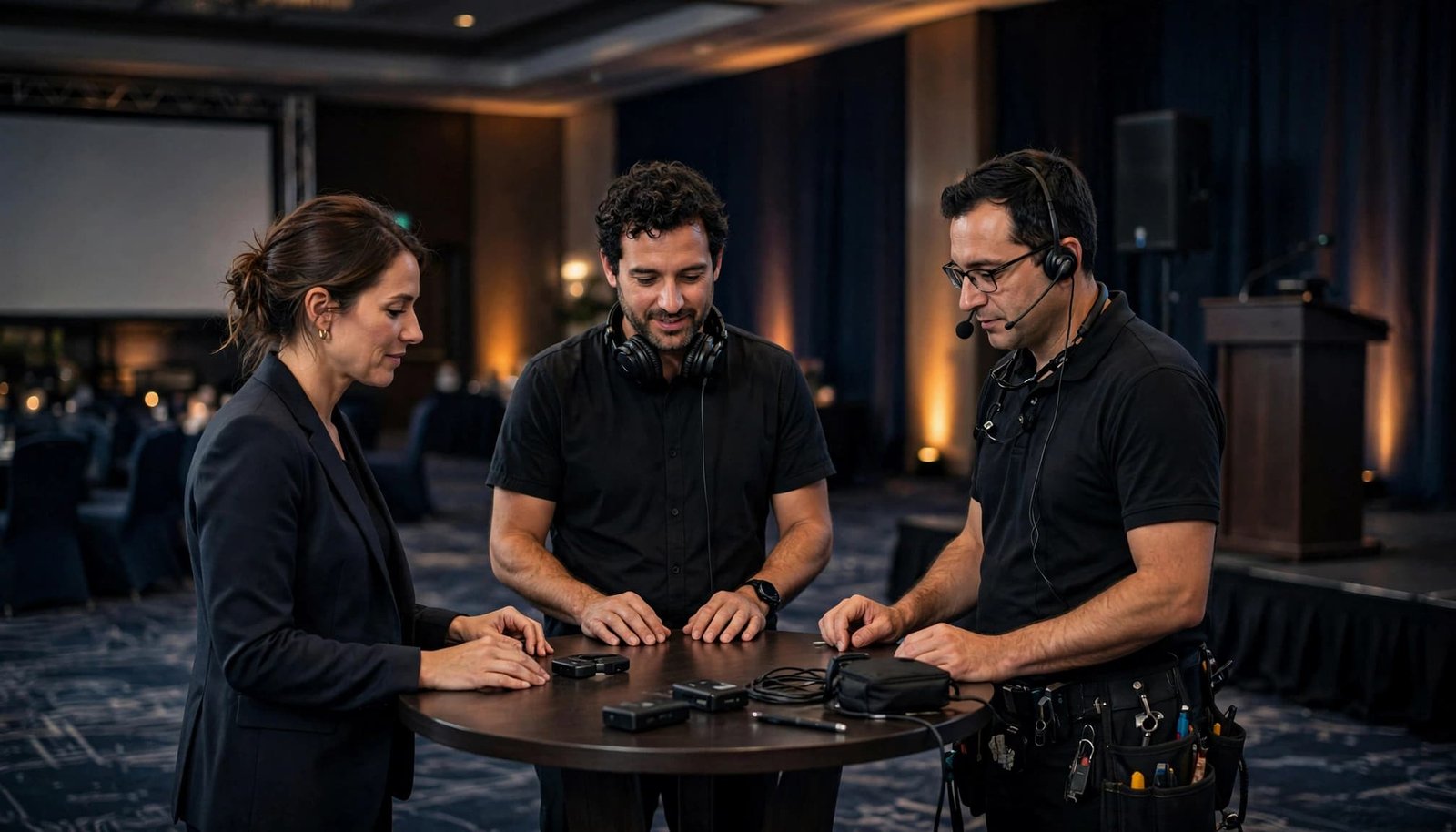 Three event professionals plan together in a ballroom near a podium and stage equipment.