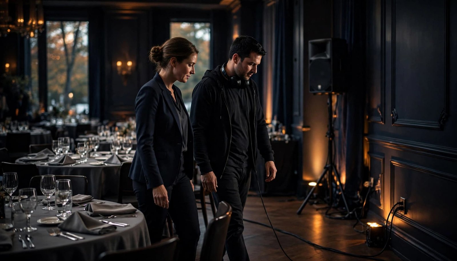 Corporate Event DJ Power Planning for New Hampshire Venues Two event workers inspect a wall outlet and cable path in a staged luncheon room.