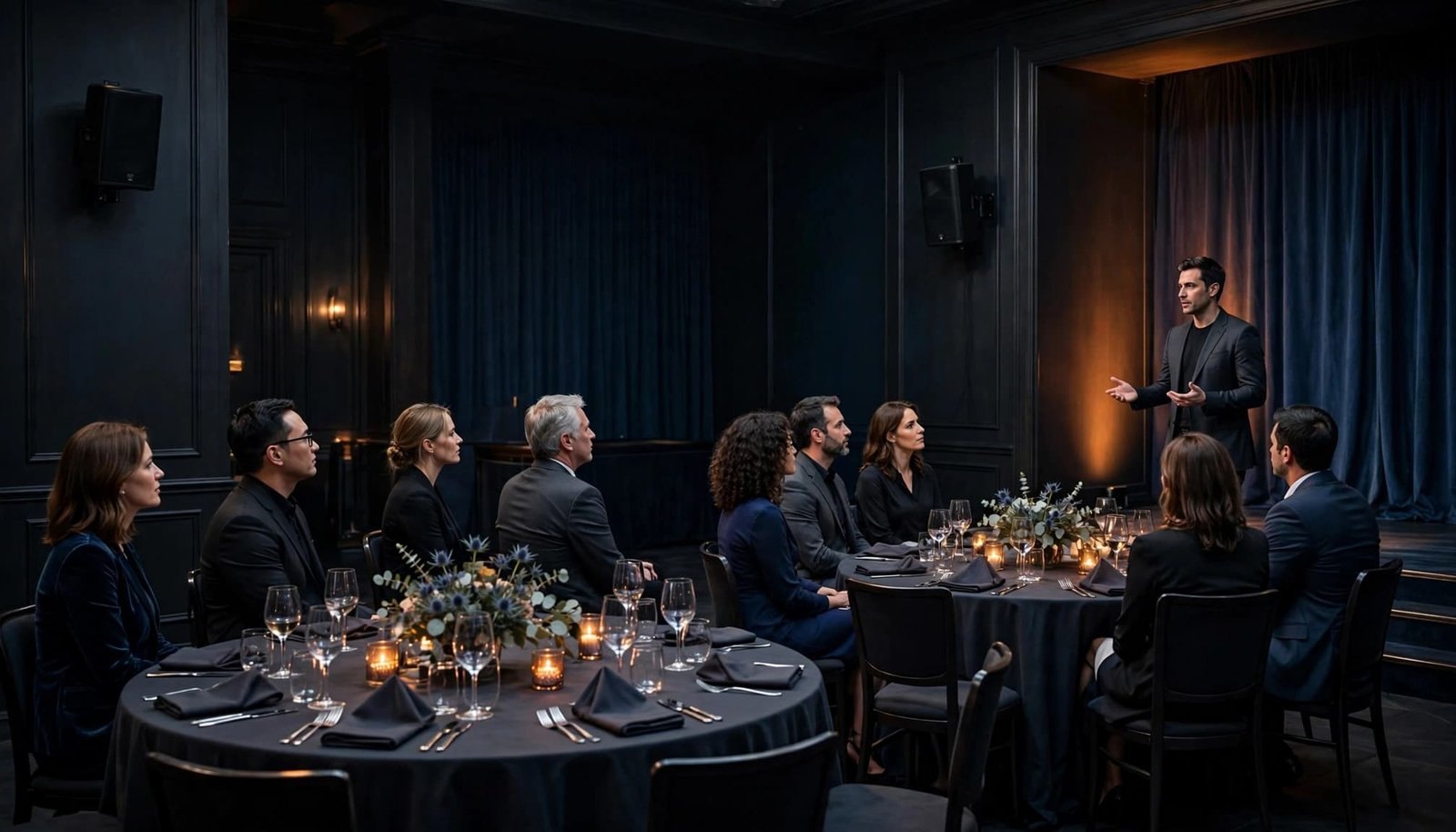Corporate Event Seating Plans That Help Music Reach Every Guest Eight guests watch a presenter from two round tables in a dimly lit gala room.