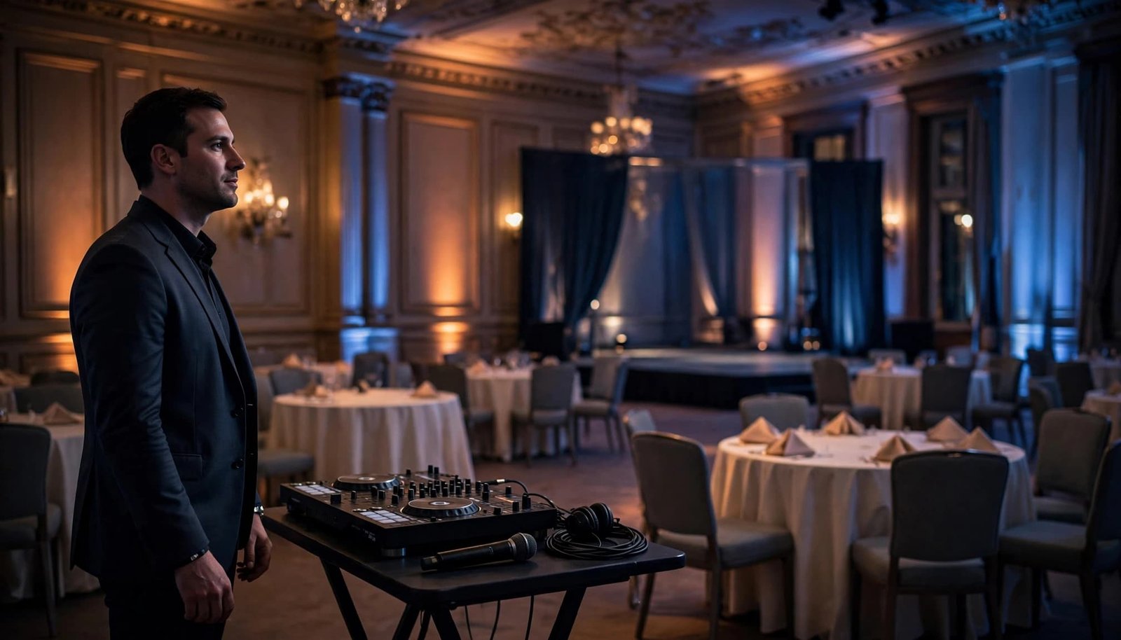 A DJ stands beside equipment in a blue and amber lit hotel ballroom.