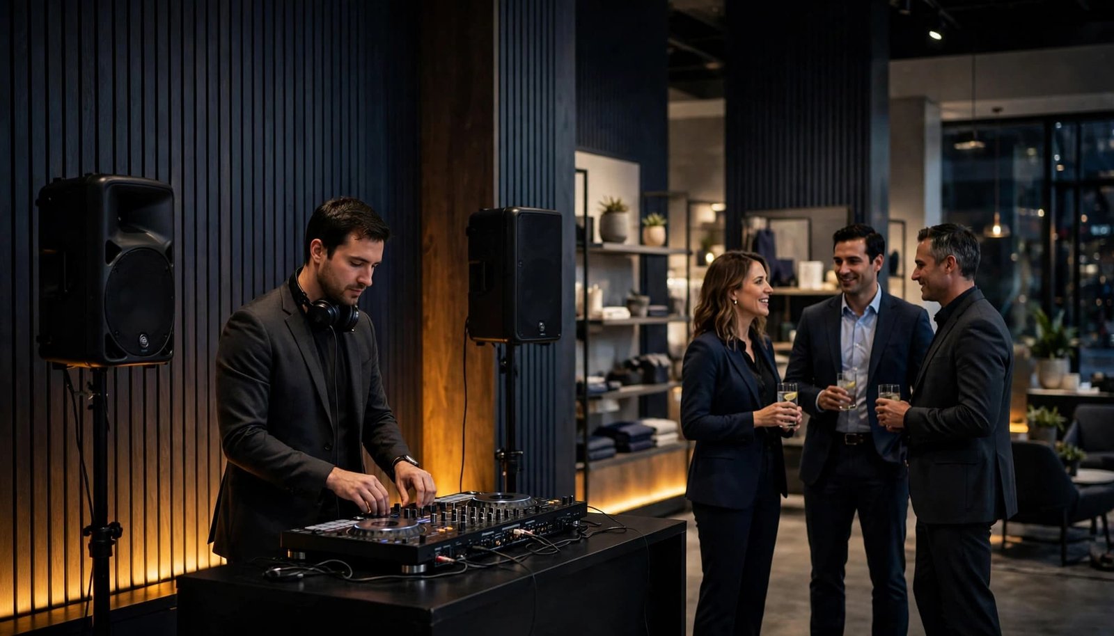 A DJ operates a compact console as guests network in a modern showroom.