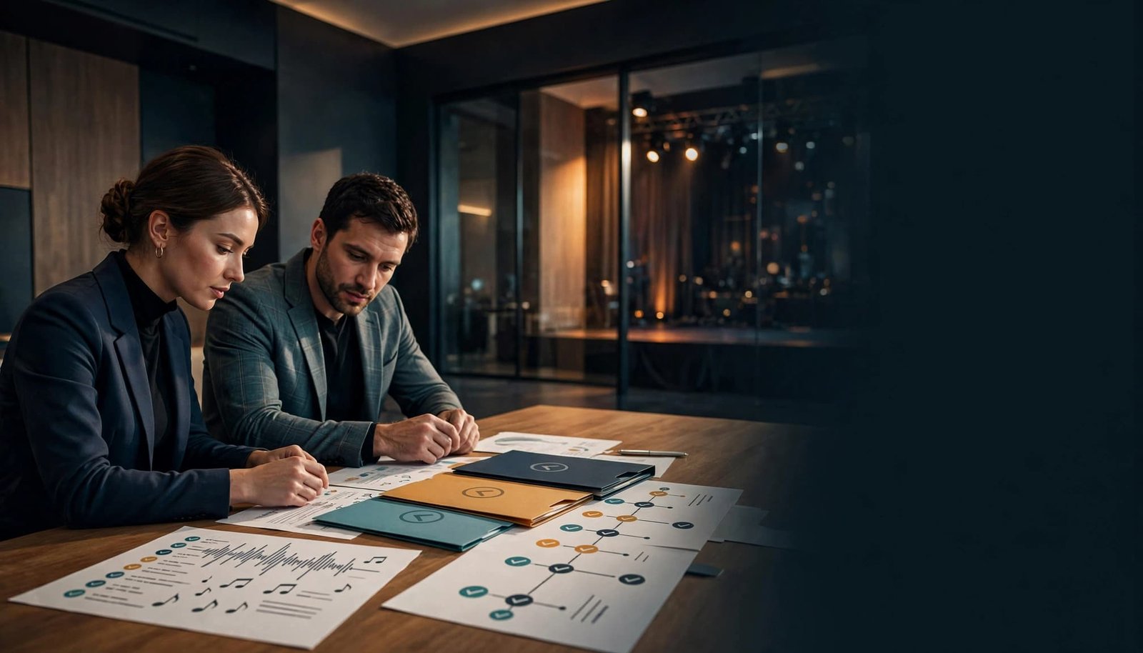 Two managers review event music plans beside color-coded folders in a modern meeting room.
