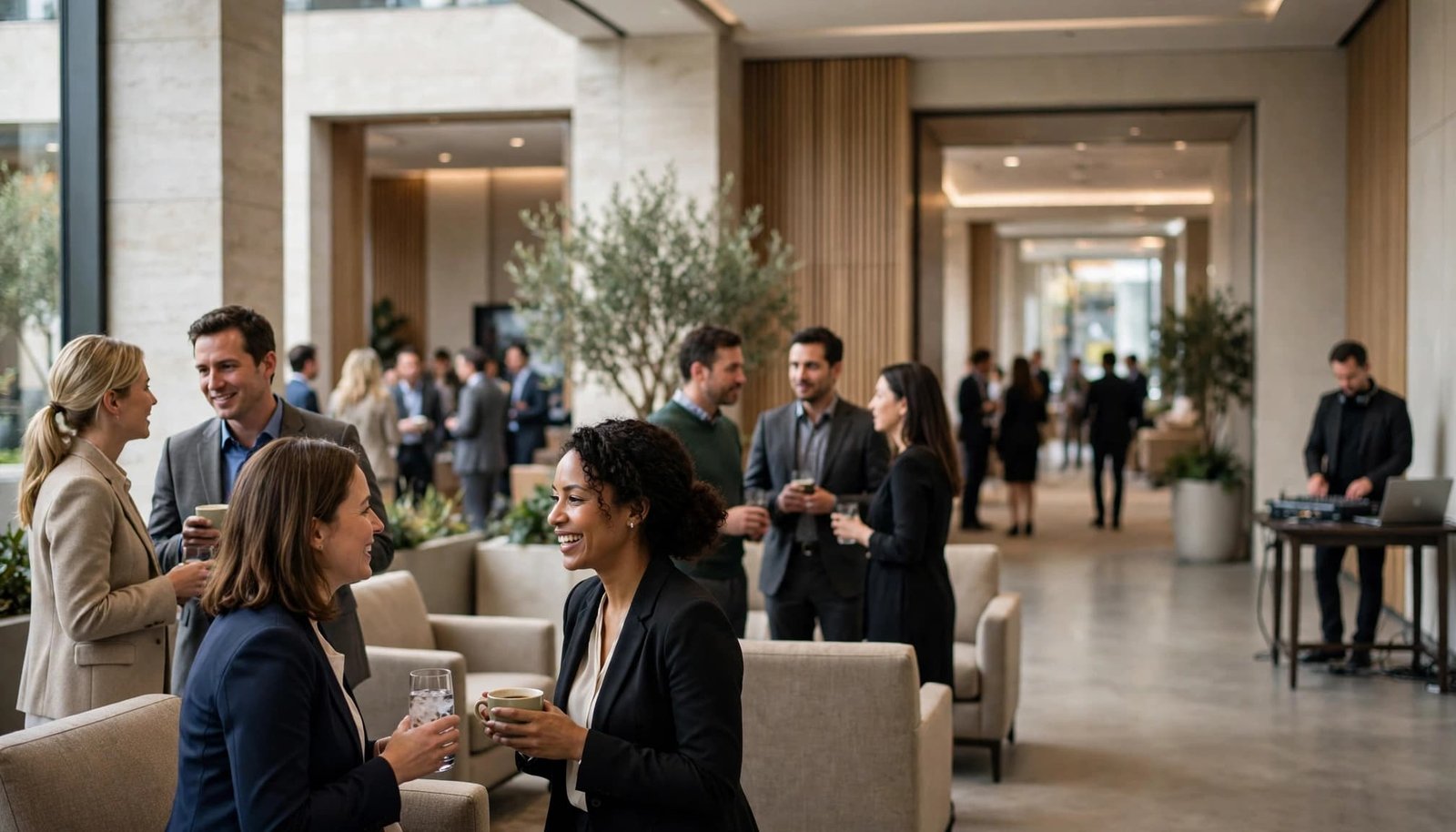 A DJ mixes music as attendees network in an elegant conference lounge.
