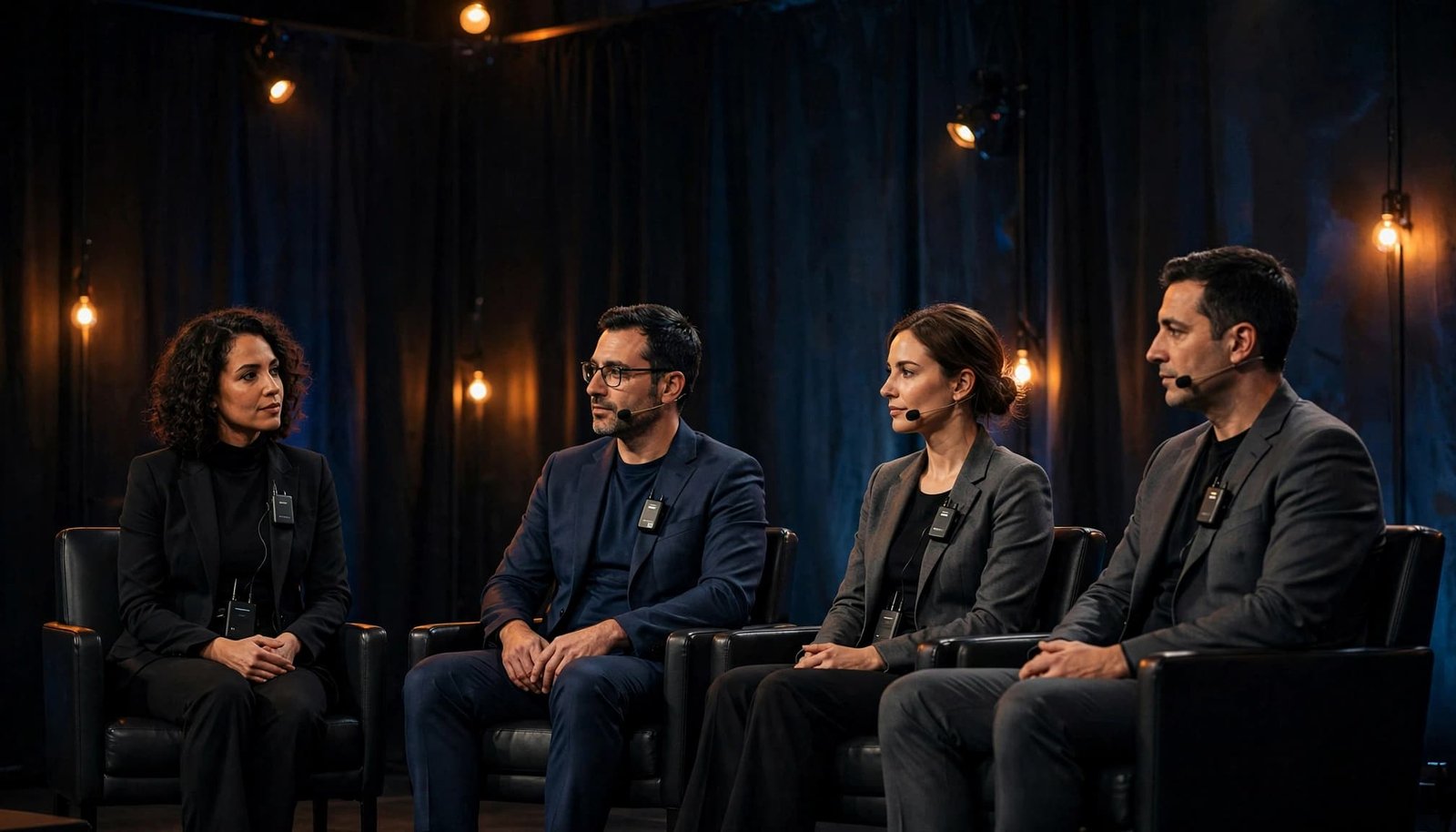 Three panelists and a moderator sit in armchairs on a warmly lit stage.