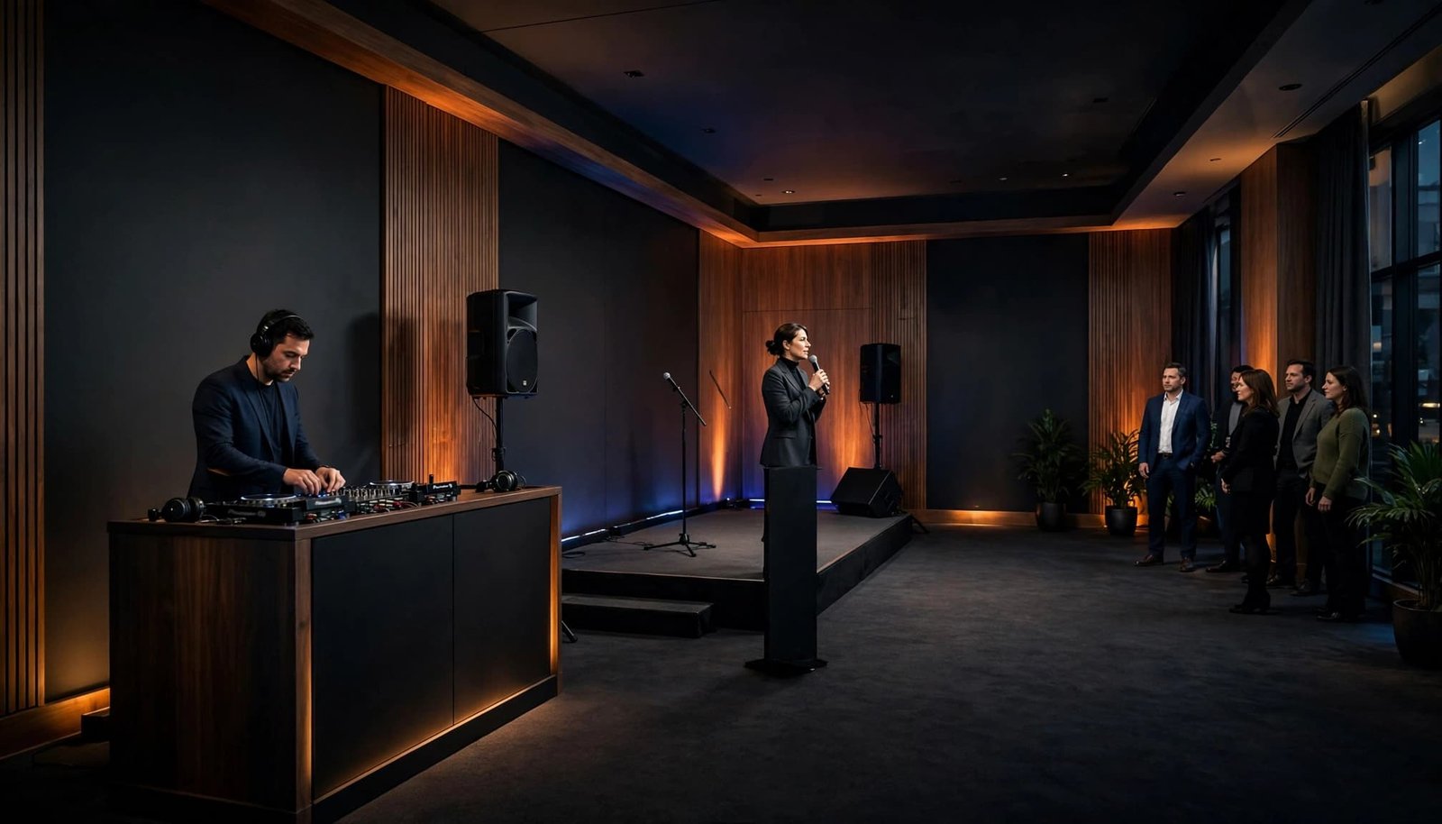 Corporate Event DJ Planning for Sales Kickoffs and Team Meetings A DJ beside a small stage as attendees watch a presenter in a hotel conference room.