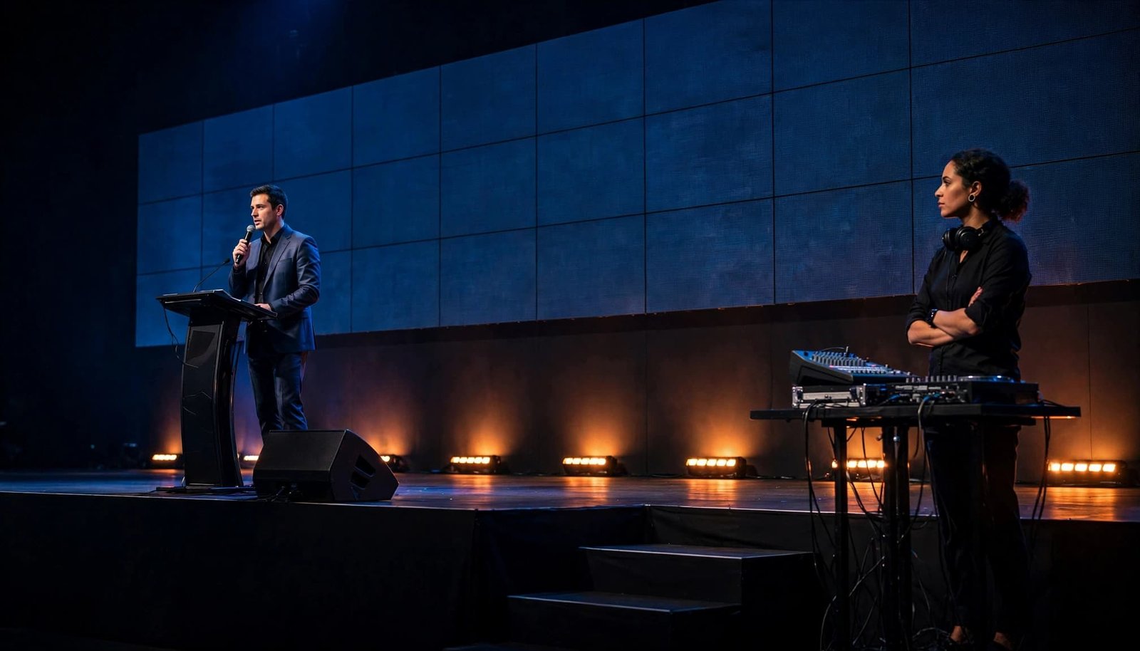A speaker addresses the audience while an event MC waits across the lit stage.
