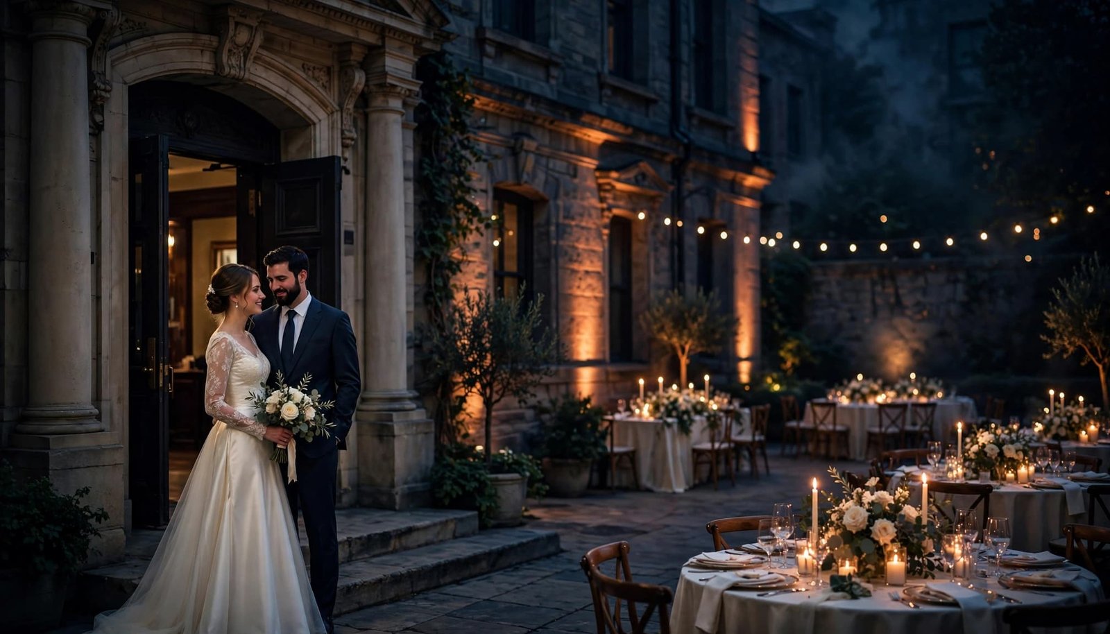 Newlywed couple beside a courthouse doorway with warmly lit reception tables behind them.