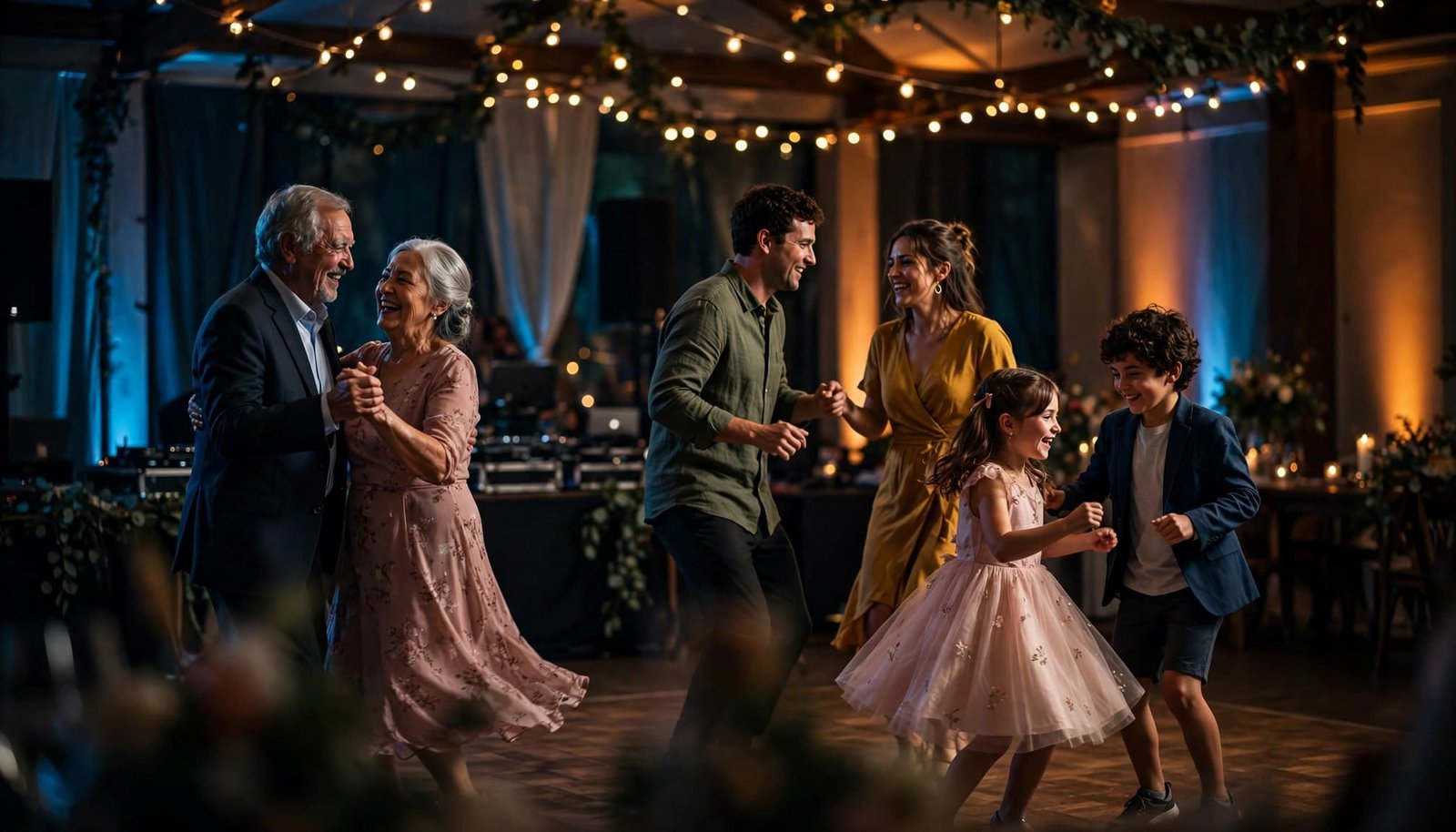 Six wedding guests of different ages dance beneath warm string lights.