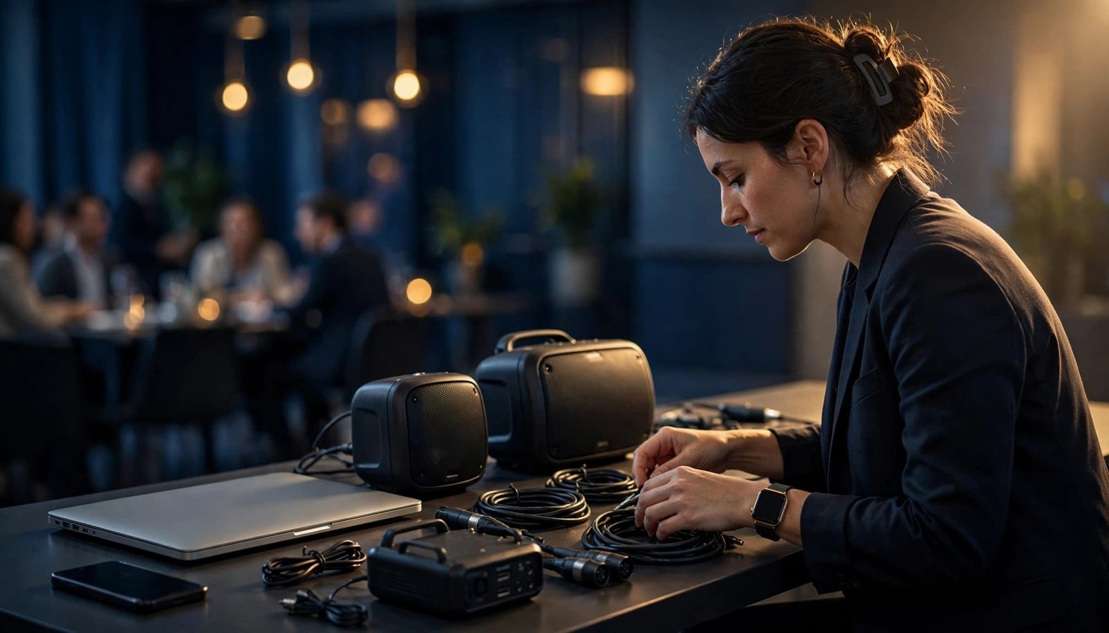 An event planner arranges music equipment on a table at a corporate venue.
