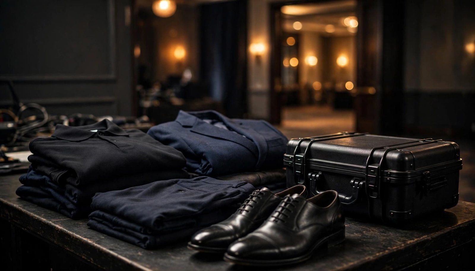 DJ clothing, leather shoes, and an equipment case arranged backstage near a ballroom.