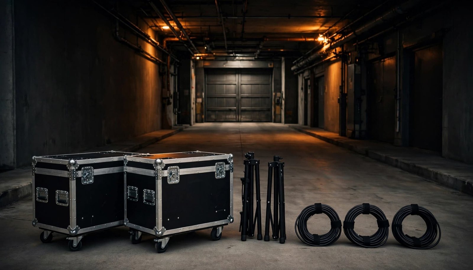 DJ cases, speaker stands, and cables are staged beside a clear path to a freight elevator.