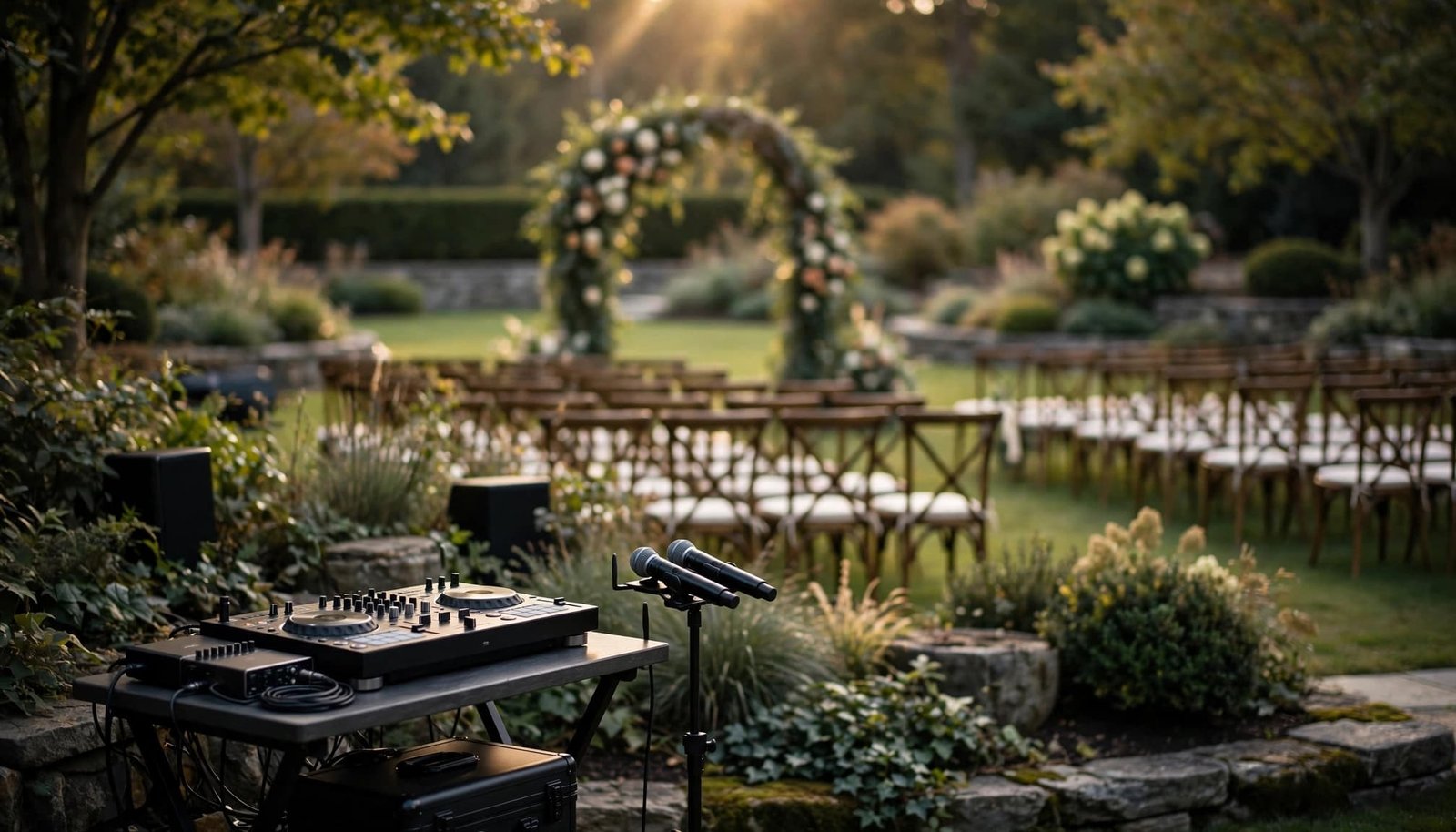 Discreet wedding audio equipment beside an outdoor ceremony space.