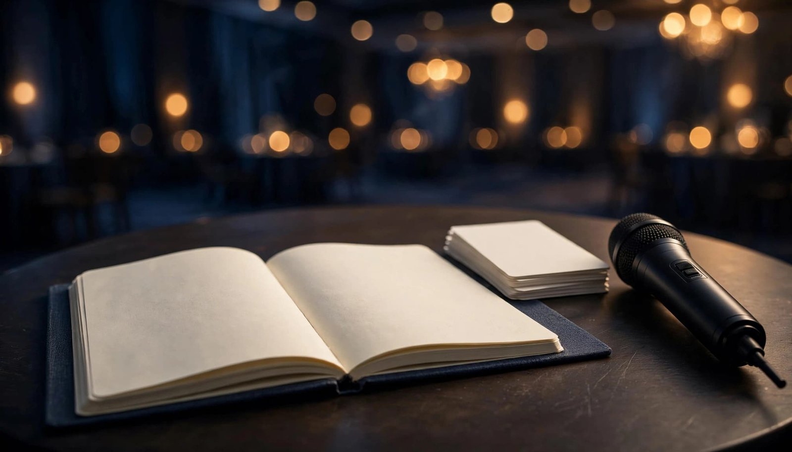 A blank notebook, cue cards, and wireless microphone on a round table.