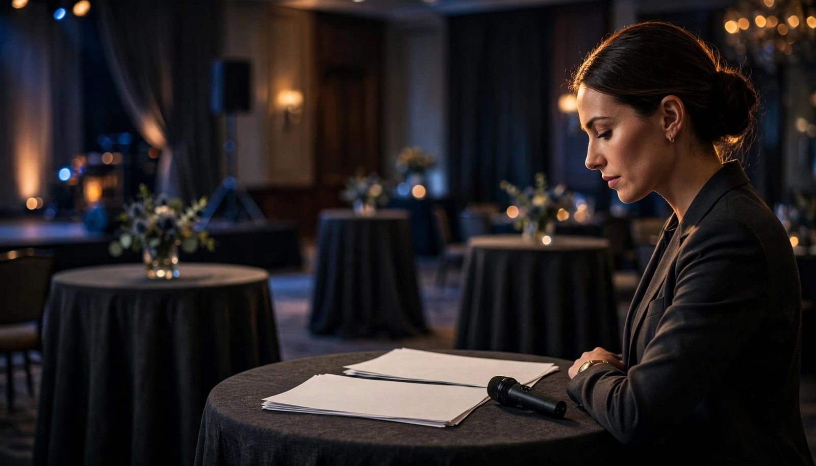 Planner reviewing papers beside a wireless microphone in a softly lit ballroom.