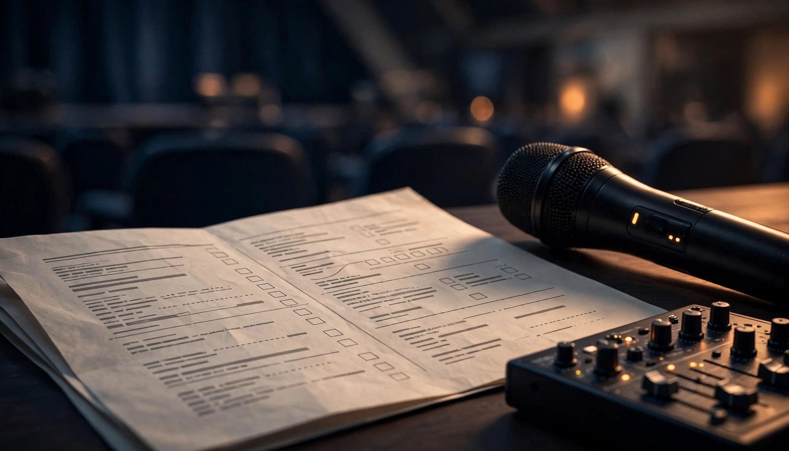 Corporate Event DJ Planning for Sales Kickoffs and Team Meetings A printed event schedule sits beside a microphone and audio mixer in an empty venue.