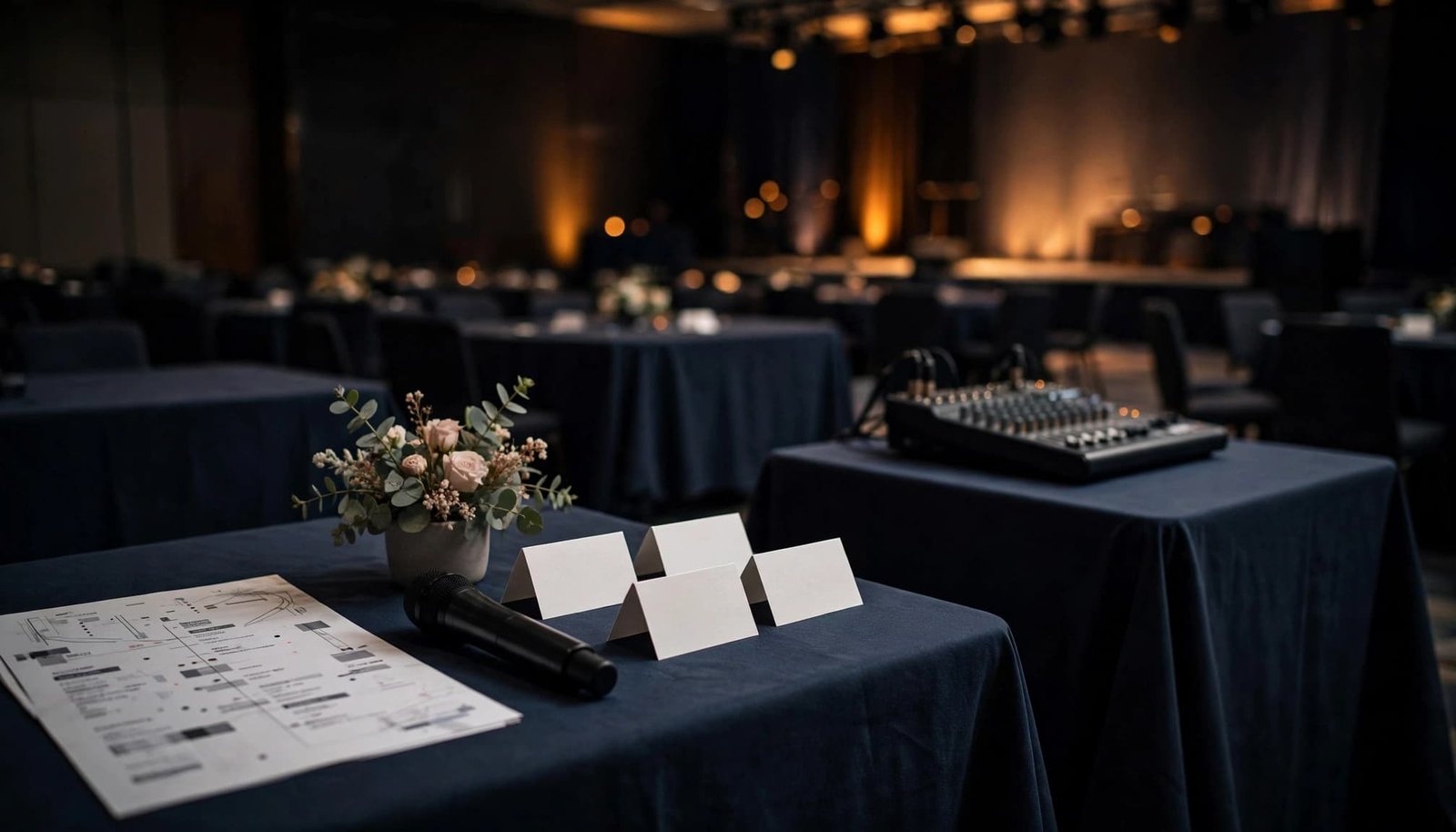 Corporate Event DJ Music for a Company Anniversary A banquet table holds an event schedule, one microphone, flowers, and blank place cards.