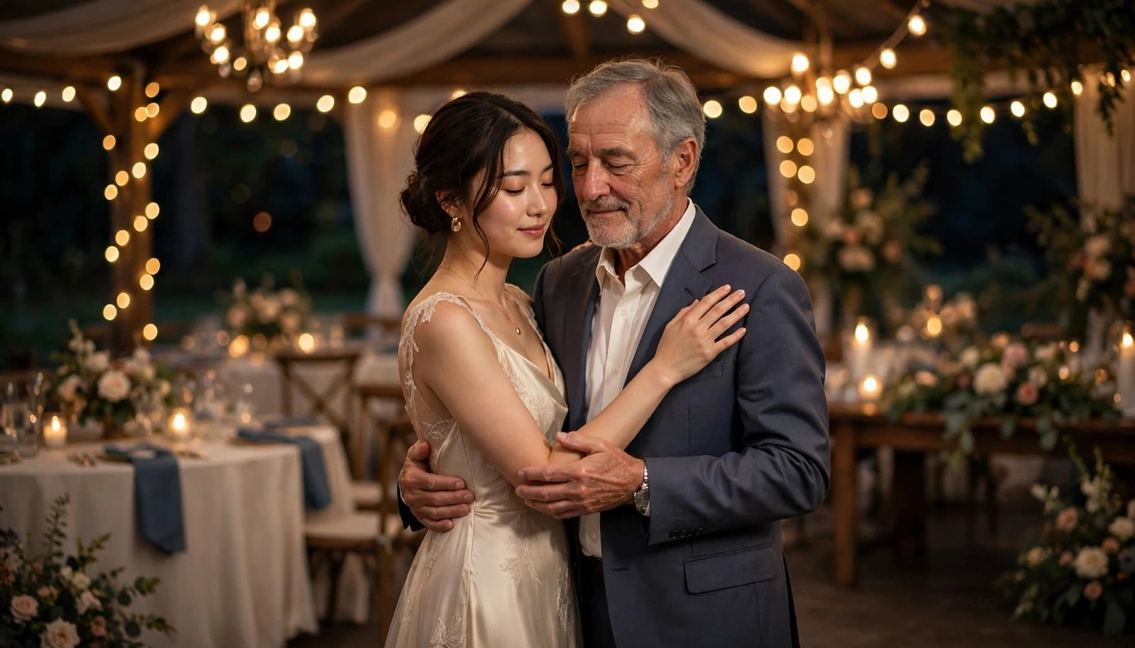 A daughter and her father share a gentle dance under warm wedding reception lights.