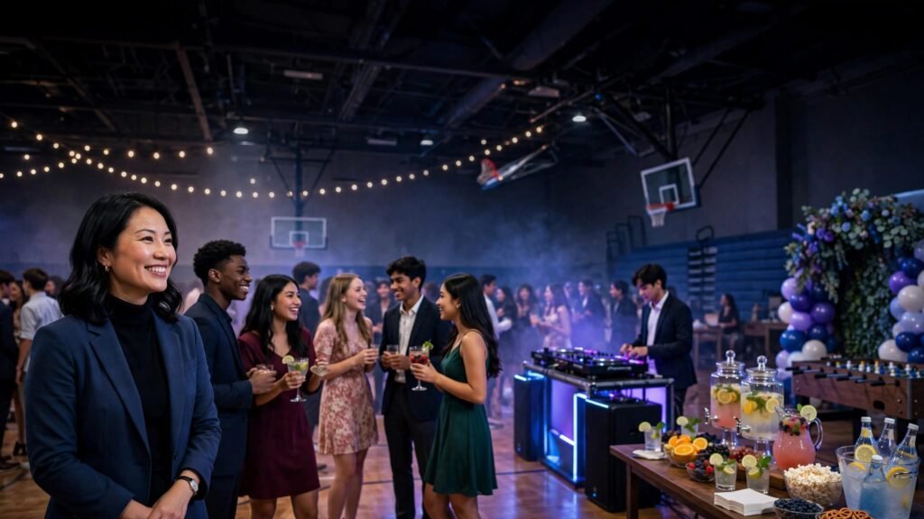 Coordinator welcomes students at a colorful after-prom dance with snacks and mocktails.