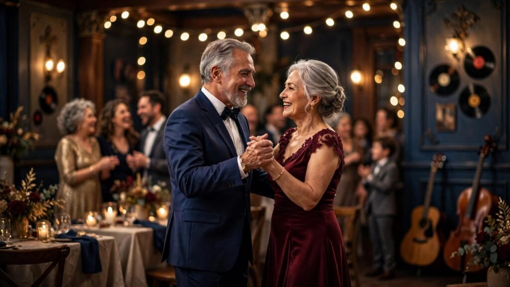 A couple dances at an anniversary party surrounded by smiling guests and warm string lights.