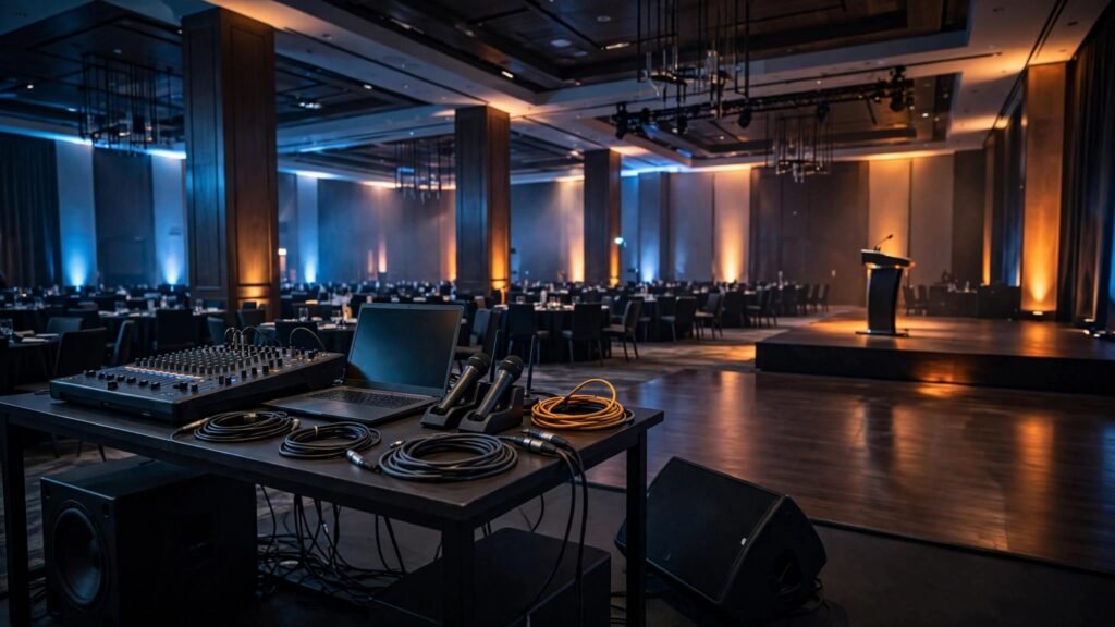 DJ equipment arranged in a ballroom with a stage, podium, and empty tables.