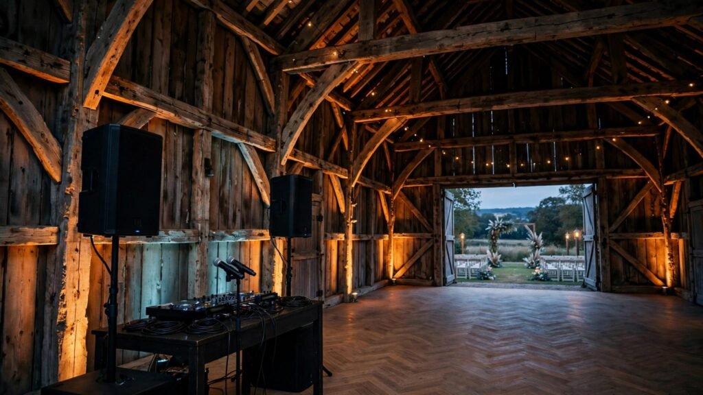 Barn Wedding DJ Sound Planning for Clear Music and Announcements barn wedding DJ