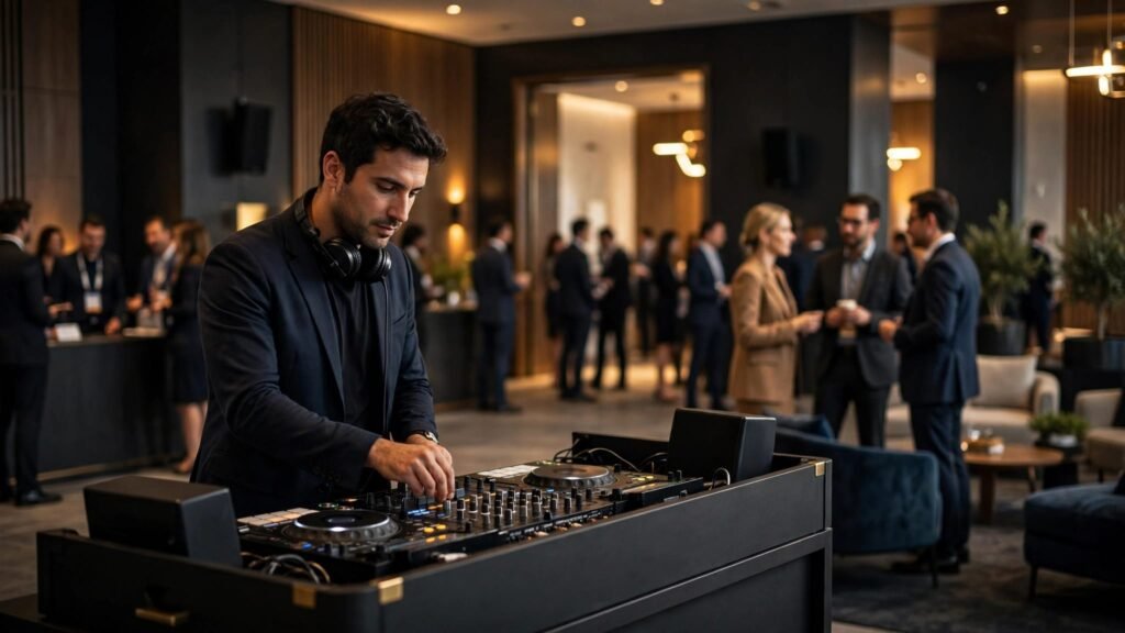 Conference DJ Music That Keeps Registration and Room Changes Moving DJ mixing music as conference attendees move between rooms.