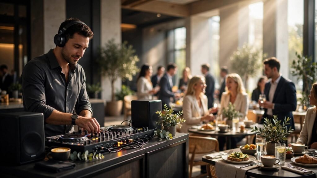 A DJ performs at a brunch while business guests mingle nearby.