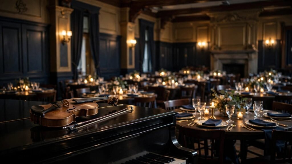 Corporate Dinner Music for New Hampshire Events A grand piano and violin sit before candlelit dinner tables.