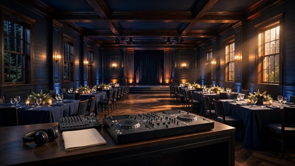 Corporate DJ Booking Timeline for New Hampshire Events A polished DJ console, headphones, and mixer stand in a warmly lit corporate ballroom.
