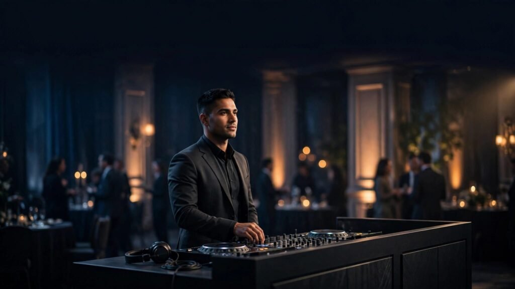 A suited DJ works at a booth during an elegant business event.