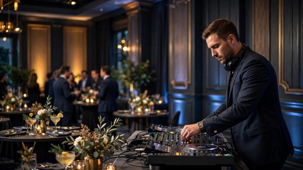 A suited DJ works at a mixing console during an elegant cocktail reception.