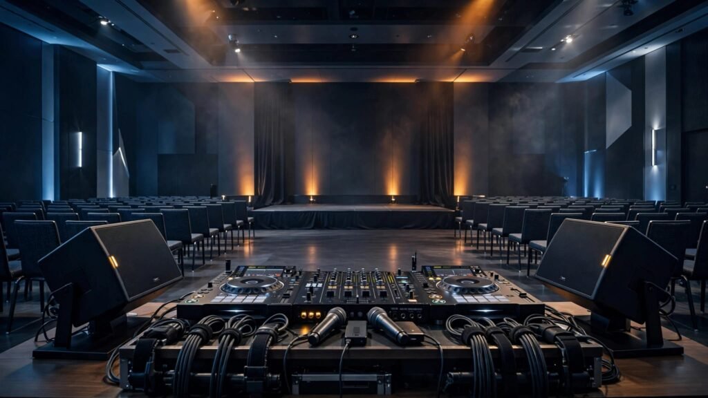 A DJ console, speakers, microphones, and seating fill an empty event ballroom.