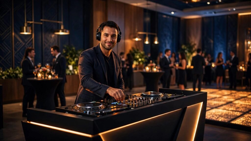 Corporate Event DJ Music for a Company Anniversary A DJ works at a sleek booth while guests mingle under warm lights.
