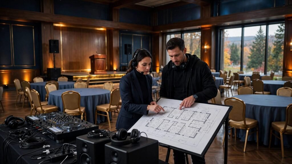 Two professionals review a floor plan beside DJ equipment in a warmly lit hotel ballroom.