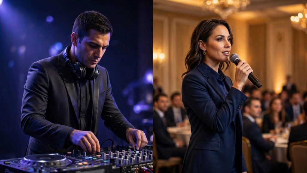A DJ mixes music beside an emcee speaking to a corporate audience.