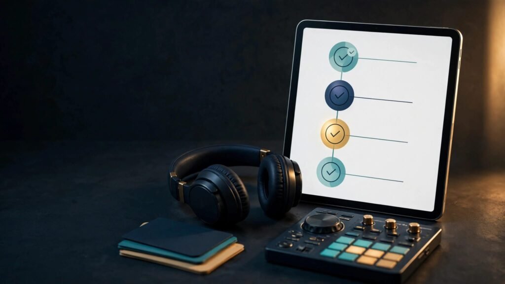 Tablet showing a music approval workflow beside headphones and a DJ controller.
