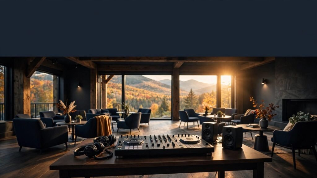 DJ equipment sits in a warmly lit lodge room with mountains and autumn trees outside.