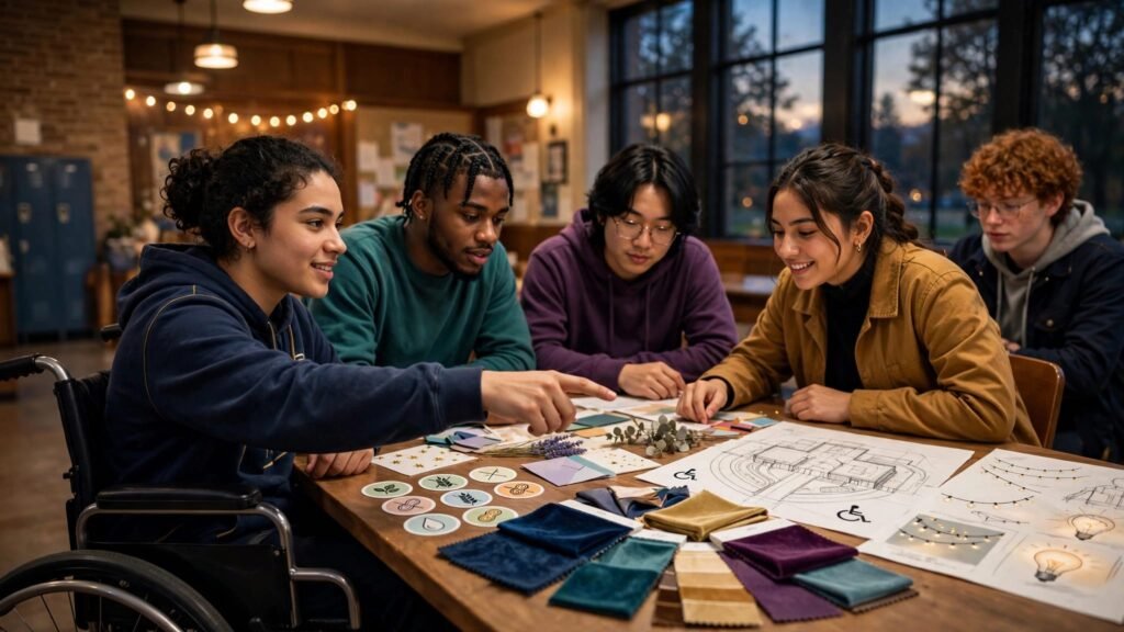 Students plan an inclusive prom around a table with décor, clothing, venue, and menu ideas.