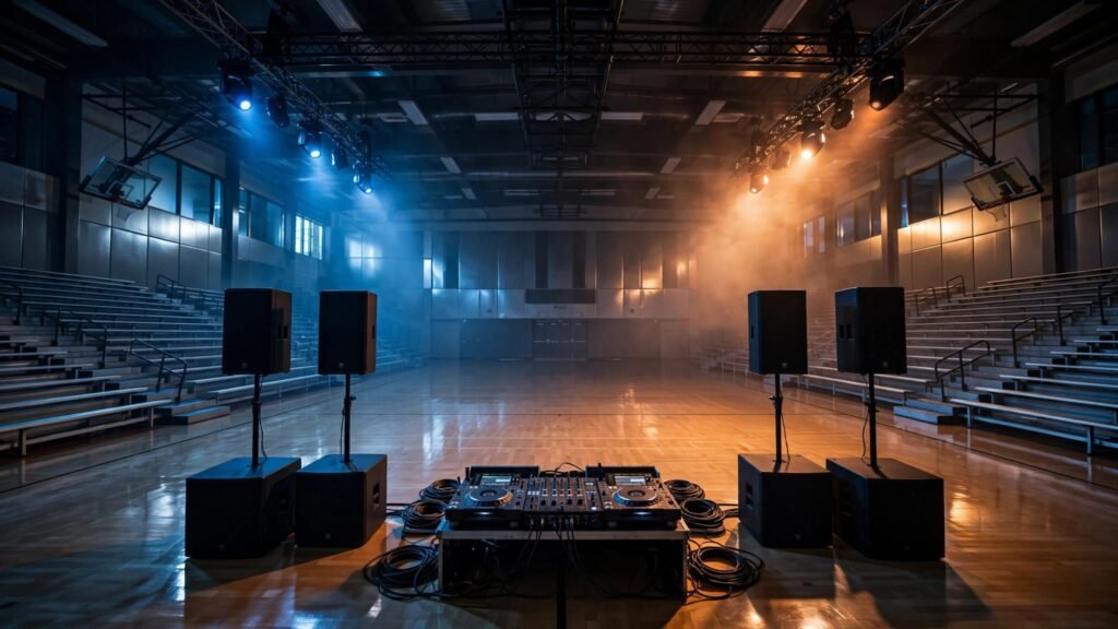DJ equipment and speakers arranged on a polished school gym floor.