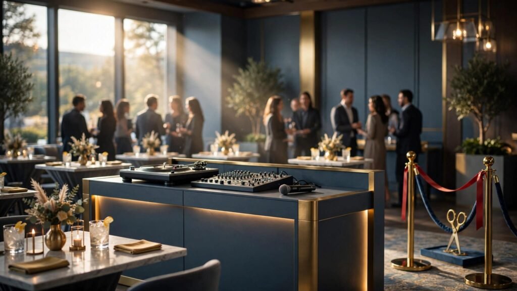 A DJ booth overlooks cocktail tables and guests inside an elegant grand opening venue.