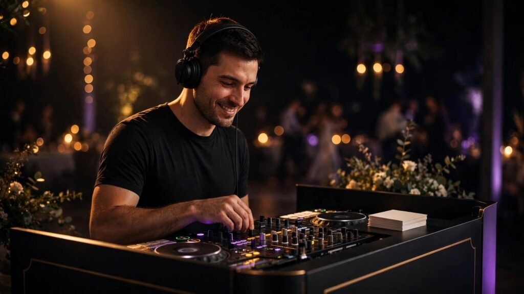 Wedding DJ at a booth with headphones, mixer, and blank request cards.