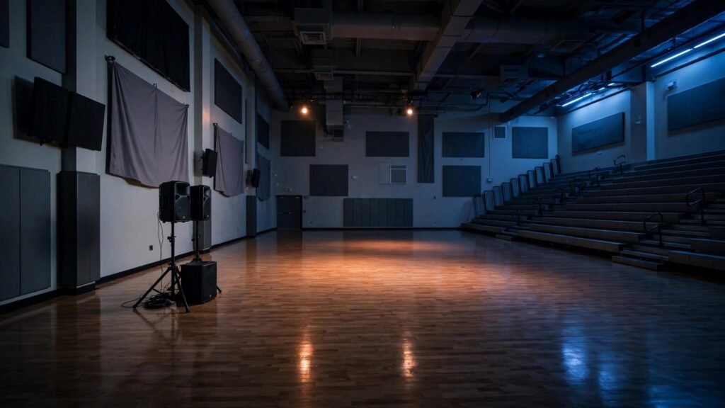 DJ speakers face a lit dance floor in a school gym with acoustic panels.