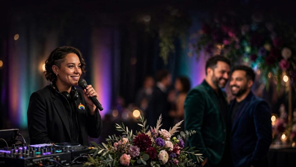 A wedding DJ addresses a smiling same-sex couple beneath soft rainbow lights.