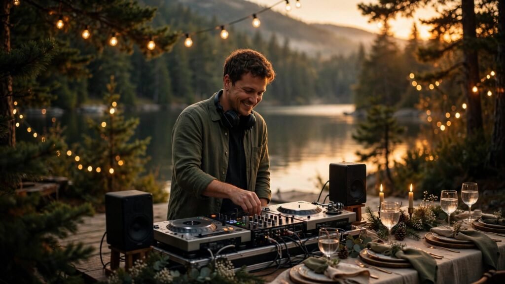 A wedding DJ works beside a dinner table overlooking a calm New Hampshire lake.