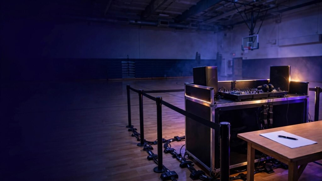 DJ equipment, safety barriers, and an insurance document in a school gym.