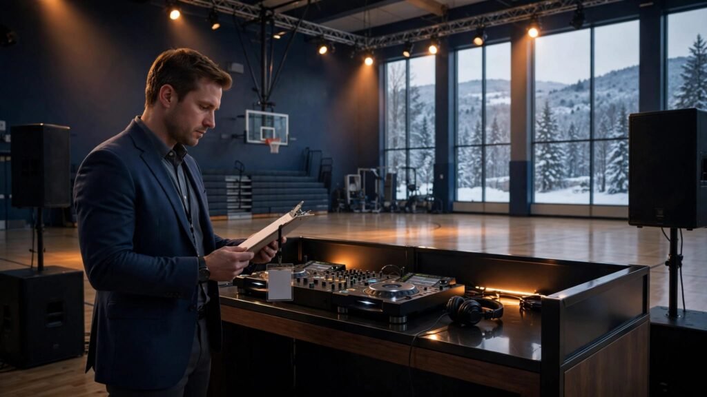 Administrator with a clipboard beside a DJ booth in a school gym.