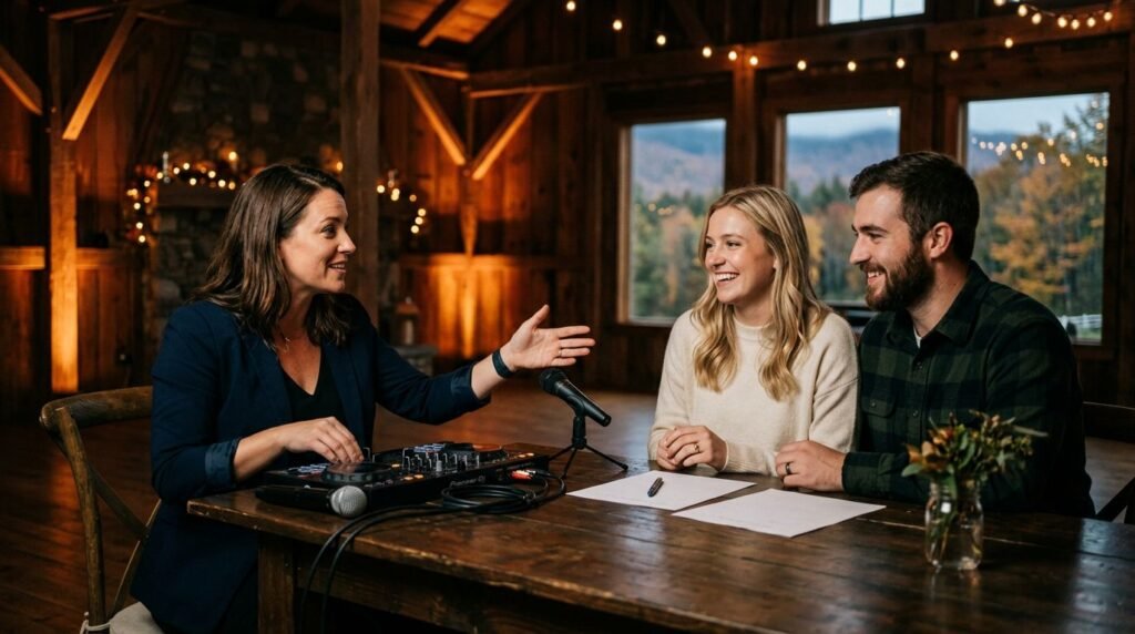 A wedding DJ consults with an engaged couple beside audio equipment in a rustic barn.