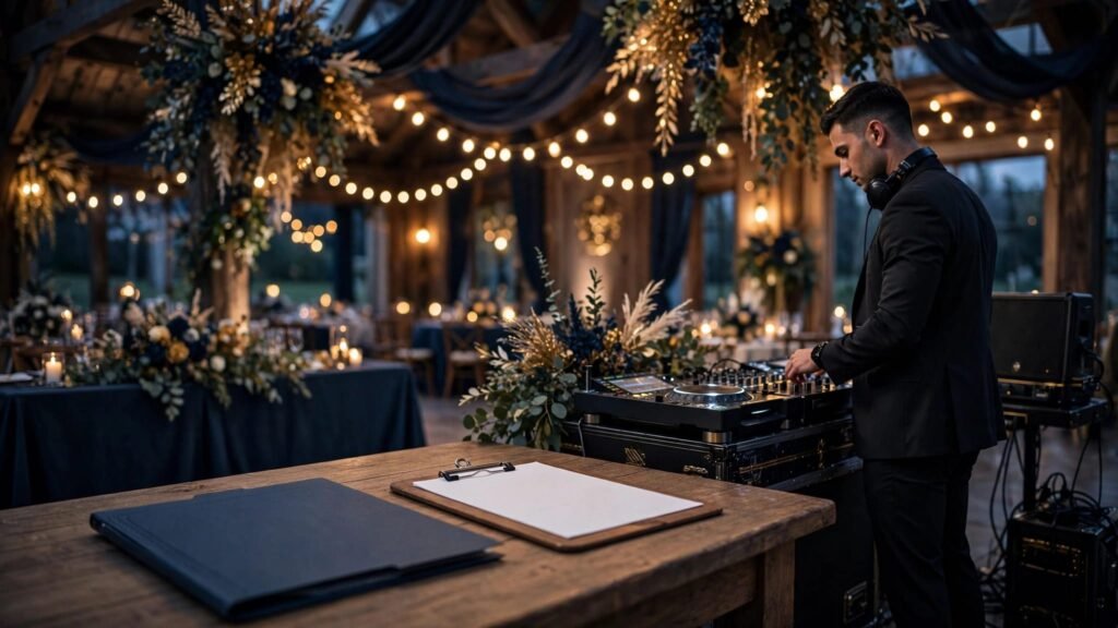 A wedding DJ stands beside sound equipment near an insurance folder and clipboard.